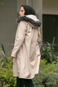 Modalamelif Kapşonlu Yaka Kürk Detaylı Mont Ekru