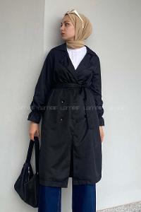 Modalamelif Beli Kuşak Bağlamalı Düğme Detaylı Trenç Siyah