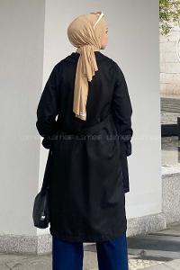 Modalamelif Beli Kuşak Bağlamalı Düğme Detaylı Trenç Siyah