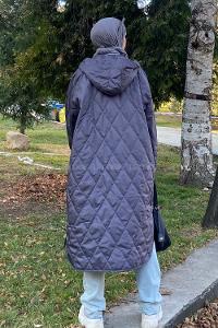 Modalamelif Kapitone Desenli Kapüşonlu Çift Cepli Mont Füme