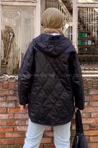 Modalamelif Önü Çıtçıt Düğmeli Kapüşon Detaylı Çift Cepli Salaş Mont Siyah