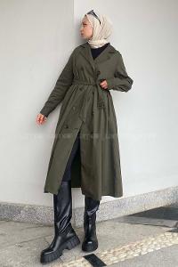 Lamelif Önü Düğmeli Belden Bağlamalı Trenç Haki