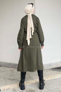 Lamelif Önü Düğmeli Belden Bağlamalı Trenç Haki