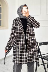 Modalamelif Ön Düğmeli Astarlı Çift Cepli Kuşak Bağlamalı Ekose Kaban Siyah