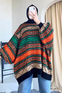 Modalamelif Bisikelt Yaka Salaş Desenli Kazak Oranj-Yeşil