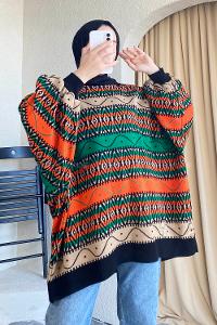 Modalamelif Bisikelt Yaka Salaş Desenli Kazak Oranj-Yeşil