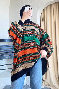 Modalamelif Bisikelt Yaka Salaş Desenli Kazak Oranj-Yeşil