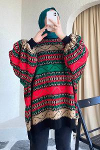 Modalamelif Bisikelt Yaka Salaş Desenli Kazak Yeşil-Kırmızı