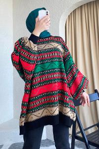 Modalamelif Bisikelt Yaka Salaş Desenli Kazak Yeşil-Kırmızı