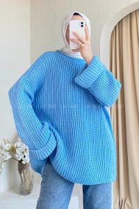 Modalamelif Düz Renk Örgülü Triko Kazak Açık Mavi