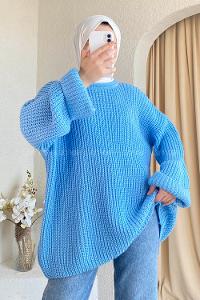 Modalamelif Düz Renk Örgülü Triko Kazak Açık Mavi
