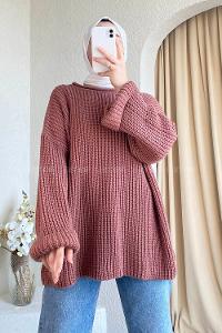 Modalamelif Düz Renk Örgülü Triko Kazak Gül