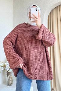 Modalamelif Düz Renk Örgülü Triko Kazak Gül