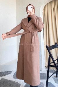 Modalamelif Kuşak Bağlamalı Kaşe Kaban Soft Pudra