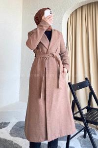 Modalamelif Kuşak Bağlamalı Kaşe Kaban Soft Pudra