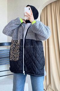 Modalamelif Leopar Cep Detaylı Kapitone Desenli Peluş Gri