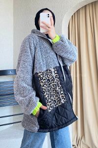 Modalamelif Leopar Cep Detaylı Kapitone Desenli Peluş Gri