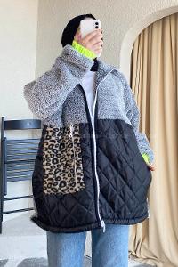 Modalamelif Leopar Cep Detaylı Kapitone Desenli Peluş Gri