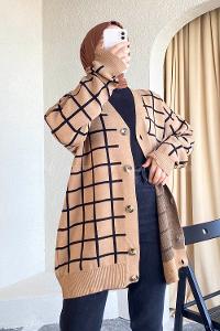 Modalamelif Önü Düğmeli Kareli Hırka Kahverengi