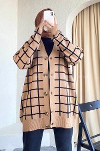 Modalamelif Önü Düğmeli Kareli Hırka Kahverengi