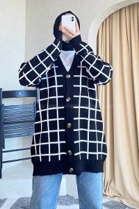 Modalamelif Önü Düğmeli Kareli Hırka Siyah