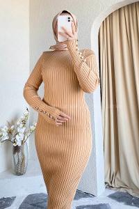 Modalamelif Kol Düğme Detaylı Fitilli Elbise Sütlükahve