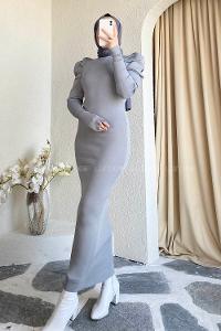 Modalamelif  Omuz Detaylı Fitilli Elbise Gri