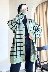 Modalamelif Önü Düğmeli Kareli Hırka Çağla Yeşili