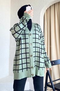 Modalamelif Önü Düğmeli Kareli Hırka Çağla Yeşili