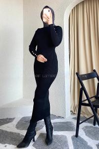 Modalamelif Yarım Boğazlı Düğme Detaylı Fitilli Elbise Siyah