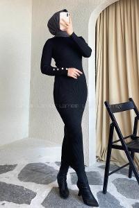 Modalamelif Yarım Boğazlı Düğme Detaylı Fitilli Elbise Siyah