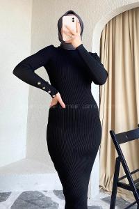 Modalamelif Yarım Boğazlı Düğme Detaylı Fitilli Elbise Siyah