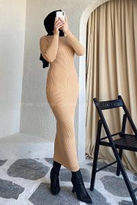 Modalamelif Yarım Boğazlı Düğme Detaylı Fitilli Elbise Sütlükahve