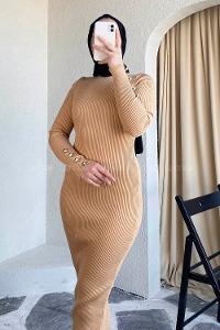 Modalamelif Yarım Boğazlı Düğme Detaylı Fitilli Elbise Sütlükahve