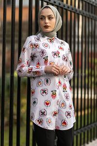 Modalamelif Desenli Asimetrik Kesim Gömlek Beyaz-Yeşil