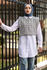 Modalamelif Ekose Desen Bağlamalı Kısa Süveter Lacivert