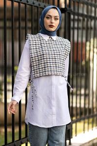 Modalamelif Ekose Desen Bağlamalı Kısa Süveter Lacivert