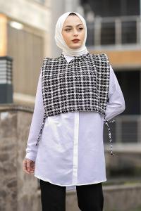 Modalamelif Ekose Desen Bağlamalı Kısa Süveter Siyah