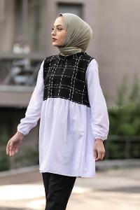 Modalamelif Gömlek Şanel Ekose Garnili Tunik Siyah-Beyaz