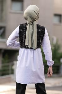 Modalamelif Gömlek Şanel Ekose Garnili Tunik Siyah-Beyaz