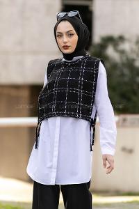 Modalamelif Kısa Bağcıklı Süveter Yelek Ekose Siyah