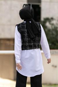 Modalamelif Kısa Bağcıklı Süveter Yelek Ekose Siyah