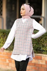 Modalamelif V Yaka Ekose Desen Kuşaklı Süveter Pudra