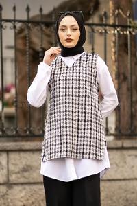 Modalamelif V Yaka Ekose Desen Kuşaklı Süveter Siyah