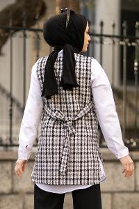 Modalamelif V Yaka Ekose Desen Kuşaklı Süveter Siyah