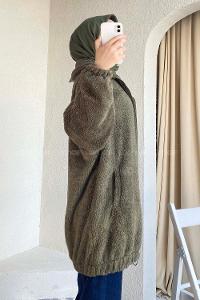 Modalamelif Fermuar Detaylı Peluş  Hırka Haki