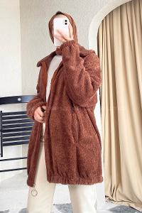 Modalamelif Fermuar Detaylı Peluş  Hırka Kahverengi