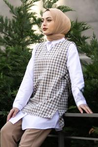 Modalamelif V Yaka Ekose Desen Kuşaklı Süveter Bej