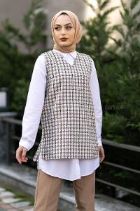 Modalamelif V Yaka Ekose Desen Kuşaklı Süveter Bej