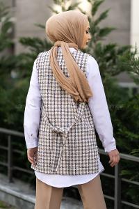 Modalamelif V Yaka Ekose Desen Kuşaklı Süveter Bej